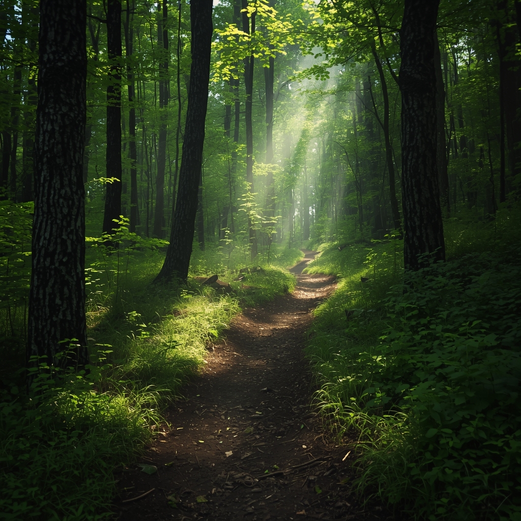 prompt: A high quality photo of a lush green forest with a winding hiking trail, sunlight piercing through the canopy, dramatic lighting, nature, adventure, cinematic, no people, no human, photorealistic