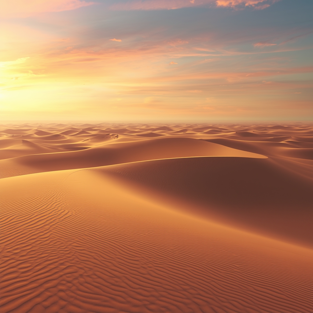 prompt: A high quality photo of a vast desert landscape with giant sweeping sand dunes at sunset, warm glowing light, nature, adventure, no people, photorealistic